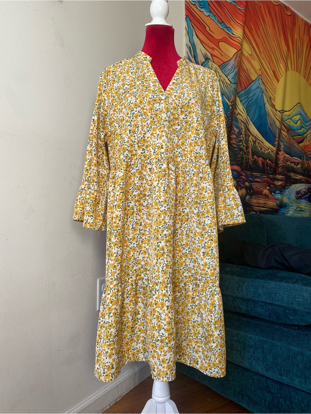 Women's Yellow Floral V-Neck Tiered Dress